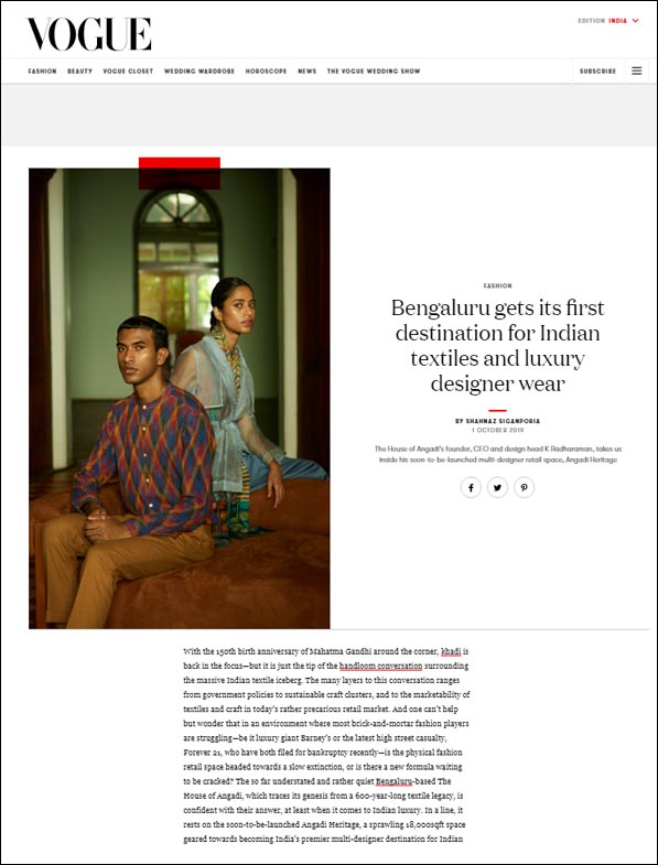 Bengaluru get its first destination for Indian Textiles and luxury designer wear, Vogue - October 2019